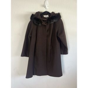 John Weitz Vintage Brown Wool Rabbit Fur Trim Hooded Wool Over Coat Size 14P